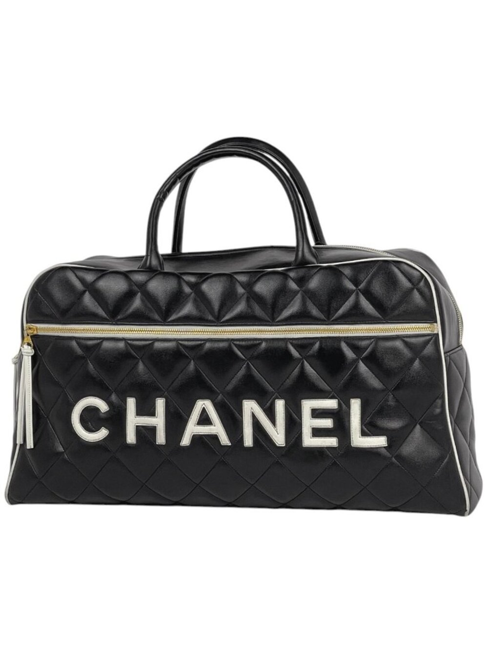 Chanel Boston Bag Quilted Leather Black White